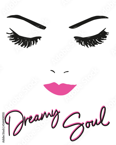 Women face, lipstick and eyelashes, shirt print design. 