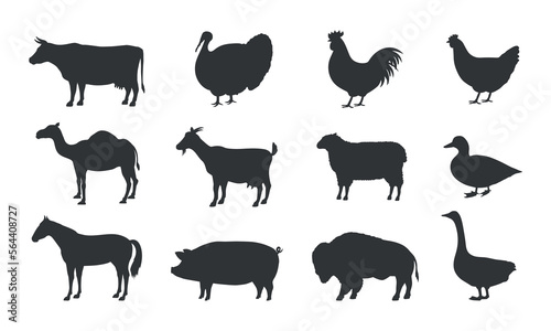 Farm Animals Silhouettes. Pig  Chicken  Cow  Lamb  goat. Farm Animals icons isolated on white background. Vector livestock icons. 