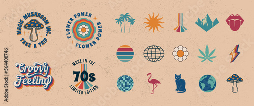 4 Retro Groovy logo templates and 15 trendy elements to create your own design. Design elements for t-shirt, banner, poster, cover, badge, logo and label. Vector illustration