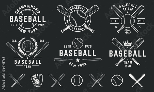 Vintage Baseball logo templates and 7 design elements for Baseball graphics. Baseball team, tournament, championship emblems templates. Baseball Bat, Ball, Glove icons.Vector illustration
