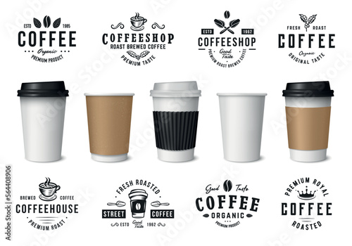 Vintage logo templates and 6 design elements for coffee business. Coffee paper mug, cup mockups. Coffee cup for takeaway. Cafe, Restaurant, Coffee Shop emblems templates. Vector illustration