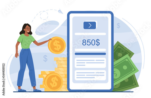 Money transfer concept. Girl with gold coins near smartphone. Banking, electronic transactions and transfers, online wallet. Modern technologies and digital world. Cartoon flat vector illustration
