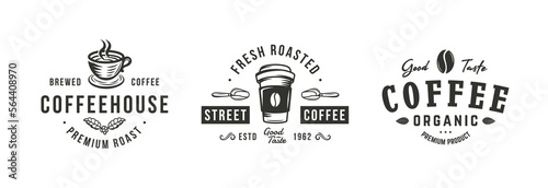 Coffee logo set. 3 coffee emblems with Scoops, Coffee Bean, Cups icons. Cafe, Restaurant, Coffee Shop emblems templates. Vector illustration