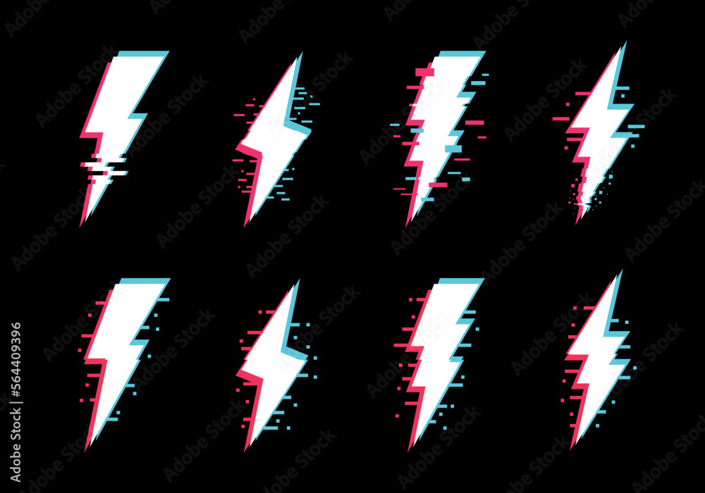 Set of lightnings bolts with glitch effect. Thunderbolt icons. Glitch trendy backgrounds for design banner, poster, cover. Vector illustration