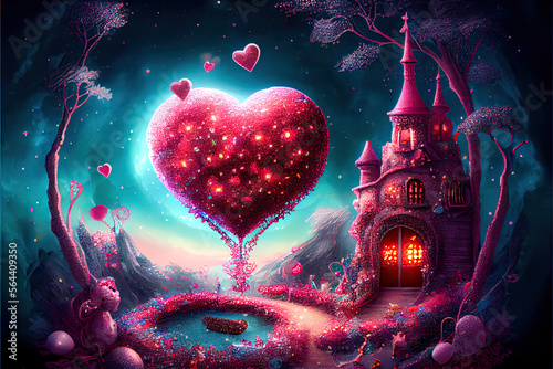 Valentine love heart, glamour, glitter princess castle - By generative AI 