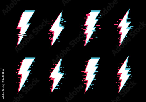 Set of lightnings bolts with glitch effect. Thunderbolt icons. Glitch trendy backgrounds for design banner, poster, cover. Vector illustration