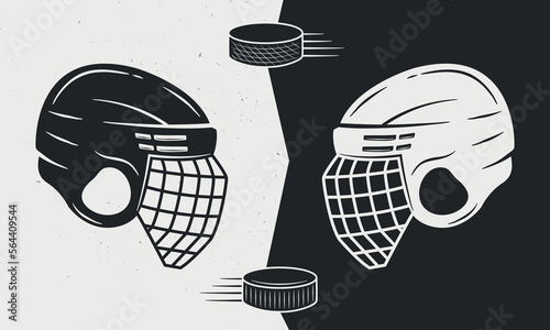 Hockey helmets and pucks icons isolated on black and white background. Black vs White. Ice hockey  icons set. Vector illustration