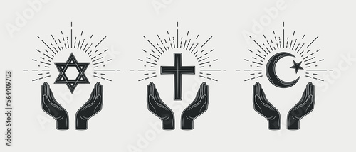 Vintage Religion logos. Hands with Latin cross  Crescent Moon and Star  Star of David. Christianity  Judaism  Islam logo. Prayer concept. Vector illustration.