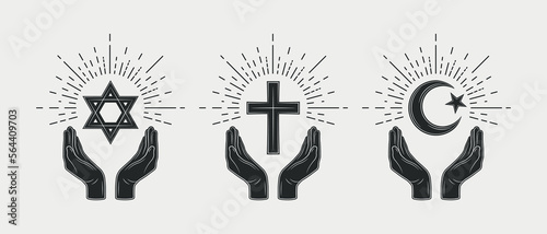 Vintage Religion logos. Hands with Latin cross, Crescent Moon and Star, Star of David. Christianity, Judaism, Islam logo. Prayer concept. Vector illustration.