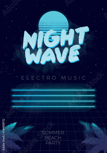 Synthwave, Glitch, Electronic music poster design. Abstract retro futuristic cover, flyer design. Retro 80's design. Vector illustration