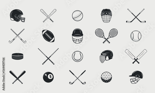 Set of 20 Sport icons. Vintage sport elements. Ice Hockey, Rugby, American Football, Baseball, Billiard, Tennis, Cricket, Golf. Print for t-shirt. Vector illustration