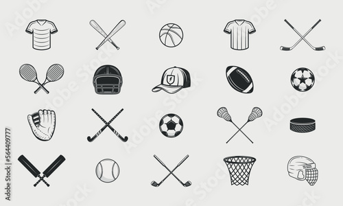 Set of 20 Sport icons. Vintage sport elements. Soccer, Football, Basketball, Hockey, Tennis, Baseball, Tennis, Cricket, Golf. Print for t-shirt. Vector illustration photo