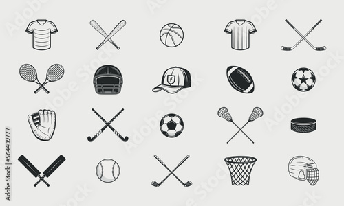 Set of 20 Sport icons. Vintage sport elements. Soccer, Football, Basketball, Hockey, Tennis, Baseball, Tennis, Cricket, Golf. Print for t-shirt. Vector illustration