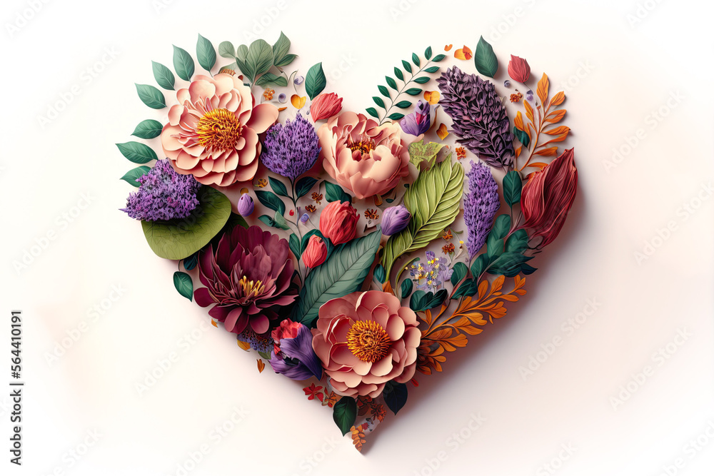 Heart shaped flower arrangement, isolated on white background, Generative AI