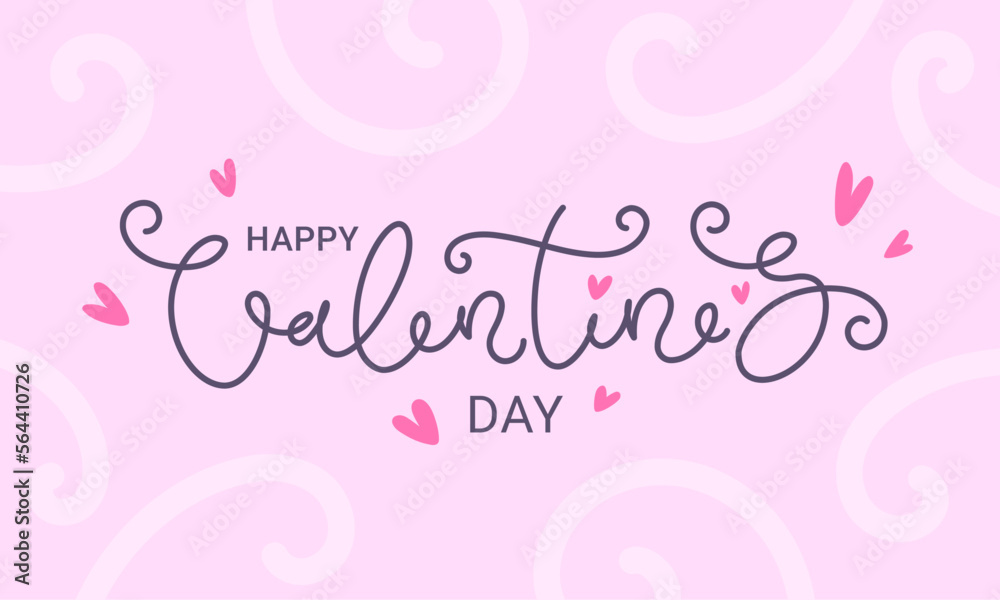 Valentines day banner with hand lettering and hearts on pink background. Vector illustration.