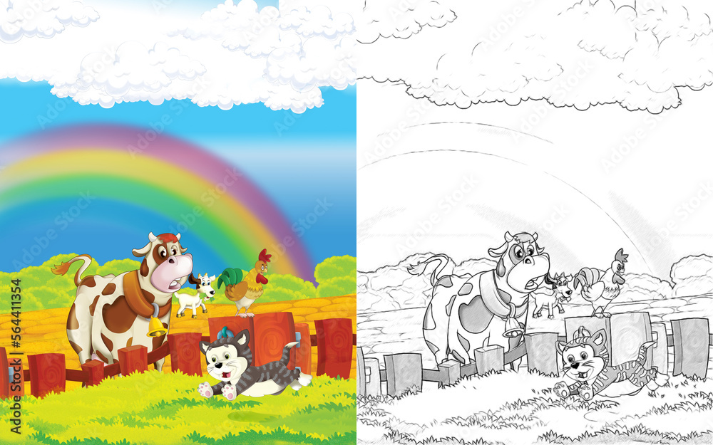 cartoon scene with cow having fun on the farm on white background - illustration for children cartoon scene with cow having fun on the farm on white background - illustration for children