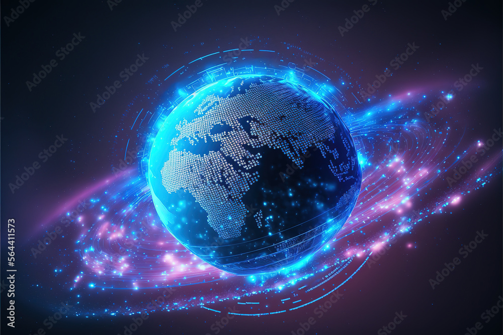 . Hologram of planet Earth. Global map. Science and modern innovative technologies. Futuristic software radar. Hi-tech illustration. Perspective. Energy load scale. AI
