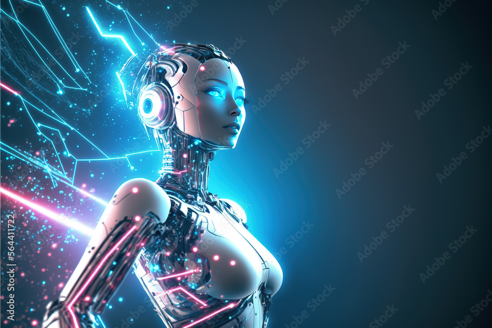 Artificial intelligence in image of cyborg girl with electronic brain. Neural network trained using a virtual hud interface. Machine learning technology concept. Sci-Fi cybernetic robot with AI. AI Artificial intelligence in image of cyborg girl with electronic brain. Neural network trained using a virtual hud interface. Machine learning technology concept. Sci-Fi cybernetic robot with AI. AI