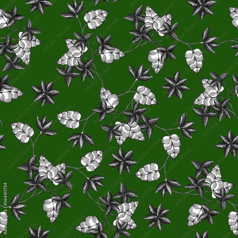 Fototapeta premium Green and black linework flowers seamless pattern