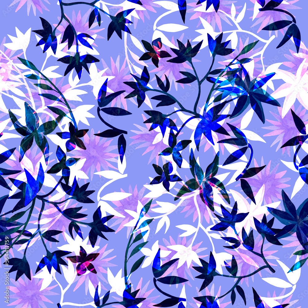Fototapeta premium Blue and purple flowers seamless pattern