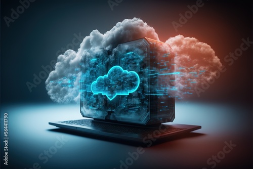 server room 3d illustration with node base programming data design element.concept of big data storage and cloud computing technology. AI
