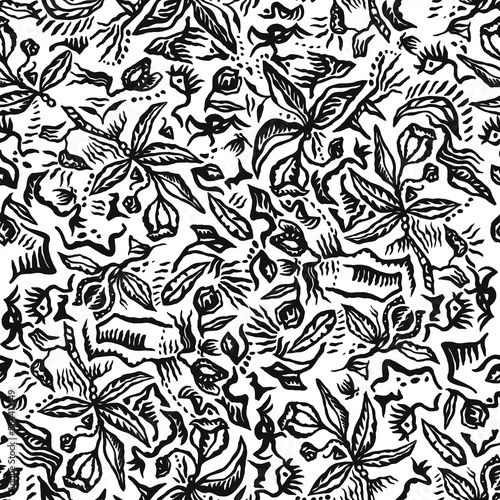 Black and white art deco graphic flowers seamless pattern