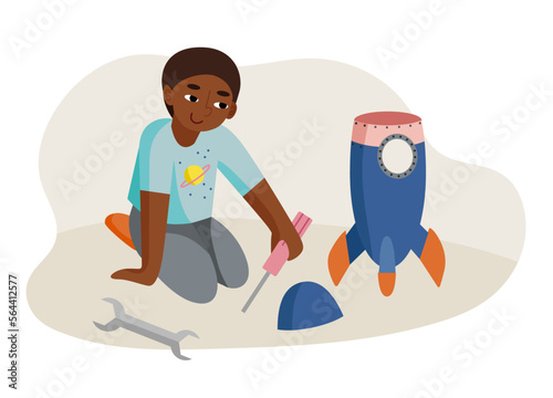 Vector illustration, smart black boy building a rocket, robotic and science club © Louna
