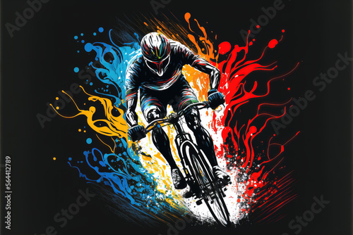 a cool looking cycling tournament illustration with colors splashes, generative ai technology