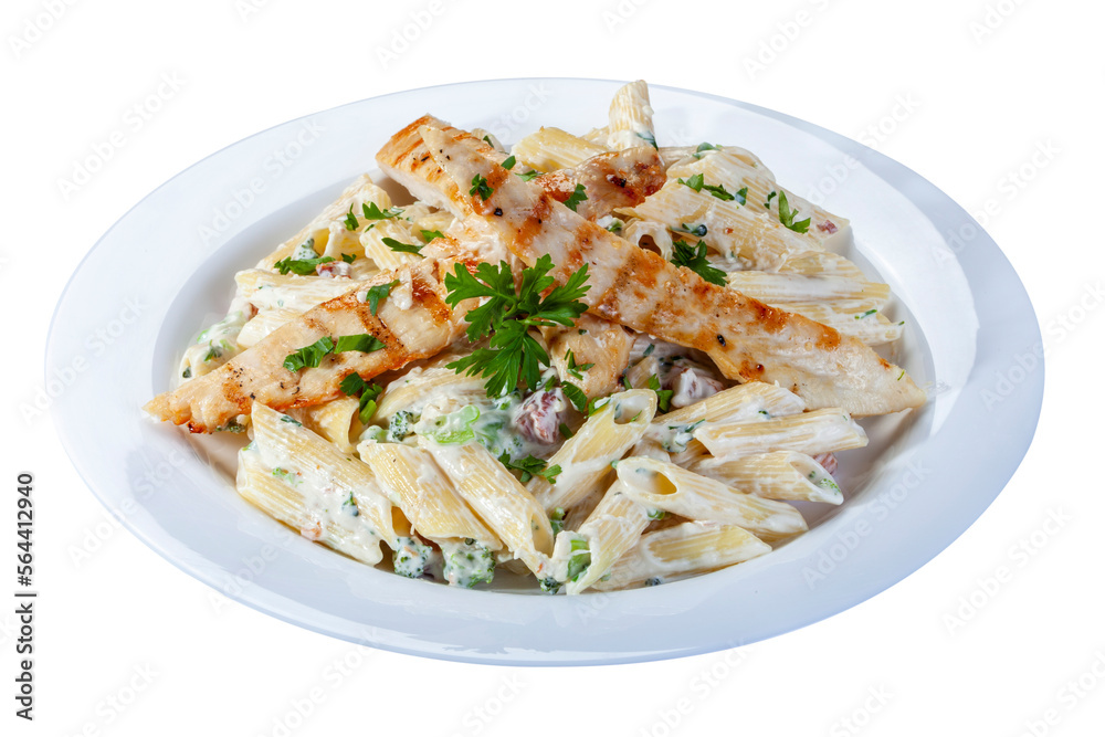 Pasta with roasted chicken steak meat