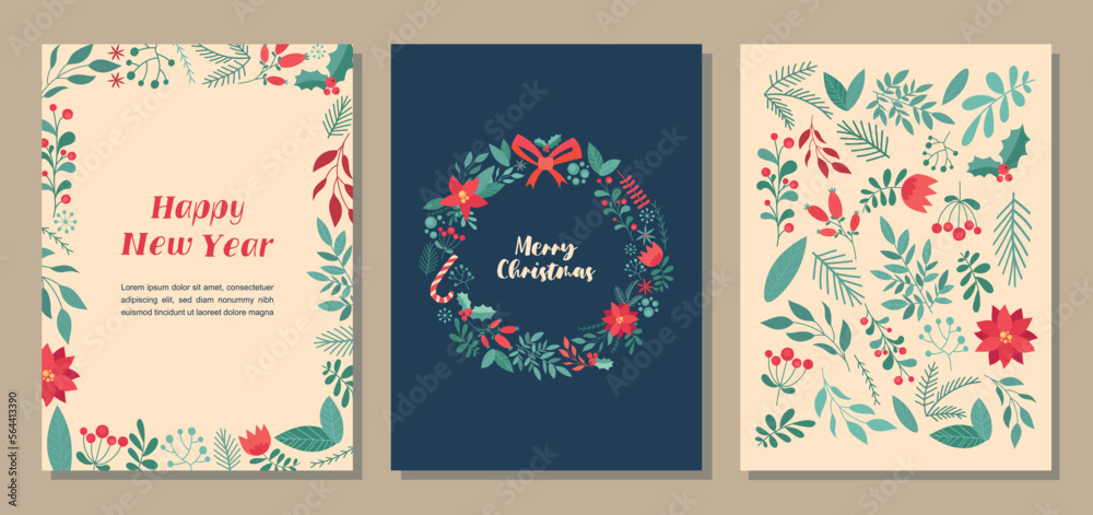 Christmas patterns cards set. Collection of graphic elements for website. Winter holiday and festival, culture and traditions, New Year. Cartoon flat vector illustrations isolated on beige background