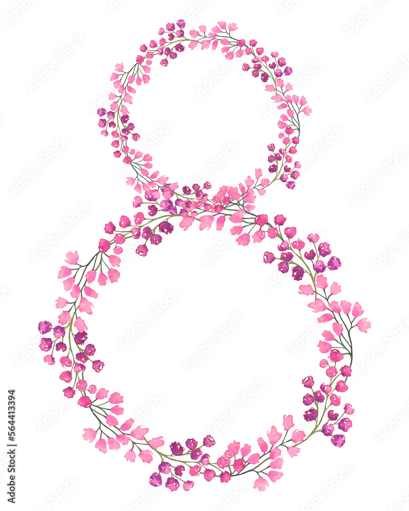 Festive watercolor illustration with flowers and leaves in the shape of eight isolated on white background. Element for international women's day products, cards, greeting etc.