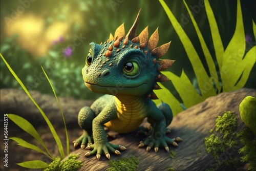 a cute adorable baby dragon lizard 3D Illustation stands in nature in the style of children-friendly cartoon animation fantasy style  © Ecleposs