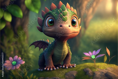 a cute adorable baby dragon lizard 3D Illustation stands in nature in the style of children-friendly cartoon animation fantasy style  © Ecleposs