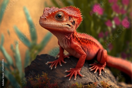 a cute adorable baby red lizard generative ai  rendered in the style of children-friendly cartoon animation fantasy style	