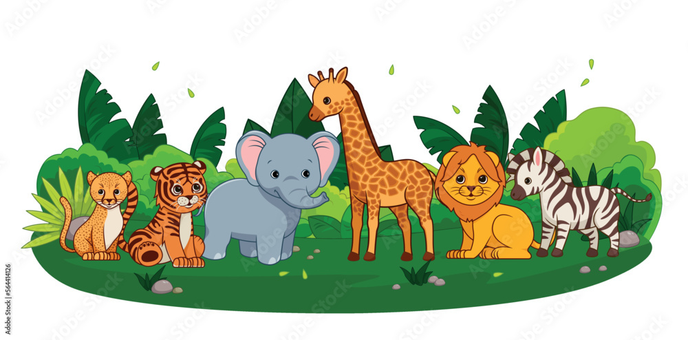 Jungle with animals banner. Tiger, cheetah, giraffe, elephant, lion and zebra sit on lawn. Tropic and exotic, African savannah. Cartoon flat vector illustrations isolated on white background