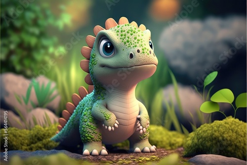 a cute adorable baby dinosaur generative ai  rendered in the style of children-friendly cartoon animation fantasy style  © Ecleposs