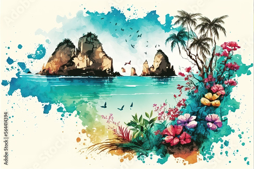 a watercolor beach scene illustration with a modern touch, colorful flowers, generative ai technology