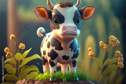 a cute adorable baby cow generative ai rendered in the style of children-friendly cartoon animation fantasy style 