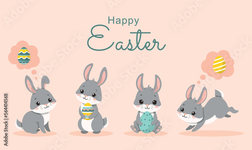 Rabbits and eggs set. Collection of graphic elements for website. Design element for invitation postcard. Spring international holiday, traditions and culture. Cartoon flat vector illustration © Rudzhan