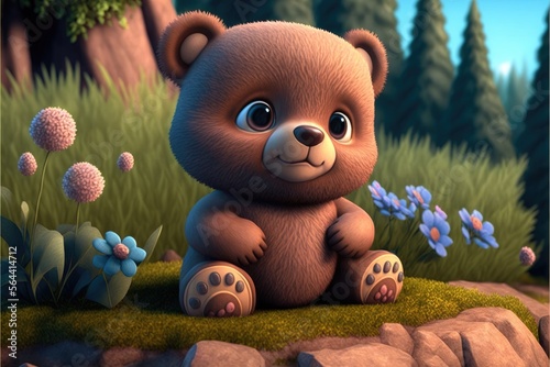 a cute adorable baby bear generative ai  rendered in the style of children-friendly cartoon animation fantasy style	 photo