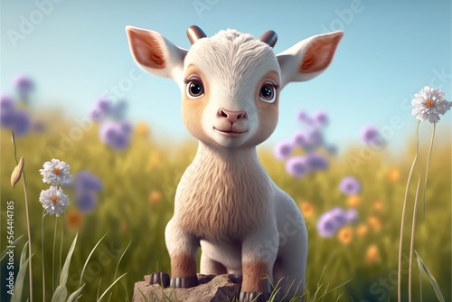 a cute adorable baby goat generative ai rendered in the style of children-friendly cartoon animation fantasy style 