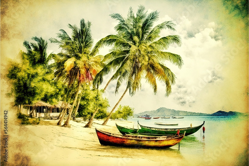 a beach with some tropical boats in front of it, watercolor medieval style, generative ai technology
