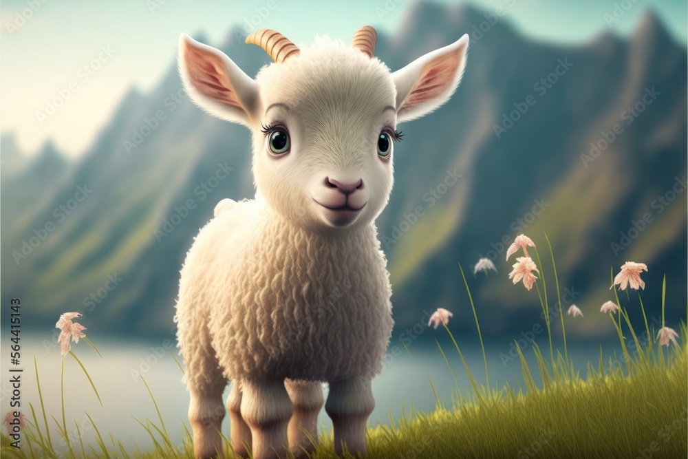 a cute adorable baby goat generative ai  rendered in the style of children-friendly cartoon animation fantasy style	