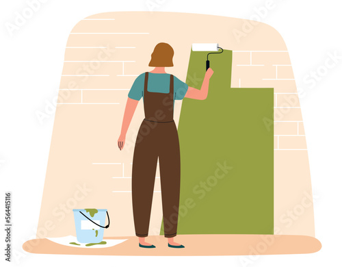 Worker painting building. Young girl with roller paints wall of house or apartment green. Renovation and decoration of room. Workplace worker, poster or banner. Cartoon flat vector illustration