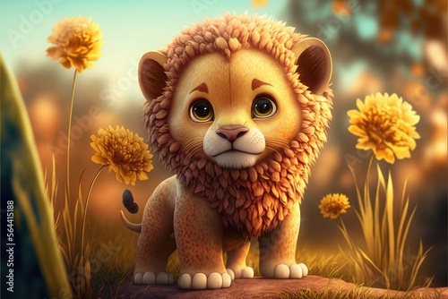 a cute adorable baby lion generative ai rendered in the style of children-friendly cartoon animation fantasy style 