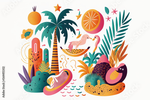 Abstract illustration with colorful geometric and natural elements. Summer tropical theme. Generative AI