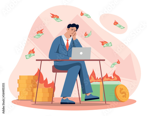 Concept of bankruptcy. Young guy with laptop on background of burning banknotes. Financial illiteracy and crisis. Problems in company, unemployment and inflation. Cartoon flat vector illustration
