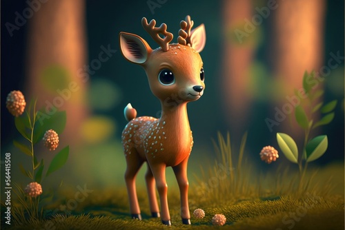 a cute adorable baby deer generative ai  rendered in the style of children-friendly cartoon animation fantasy style  © Ecleposs