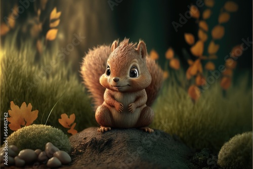 a cute adorable baby squirrel generative ai  rendered in the style of children-friendly cartoon animation fantasy style  © Ecleposs