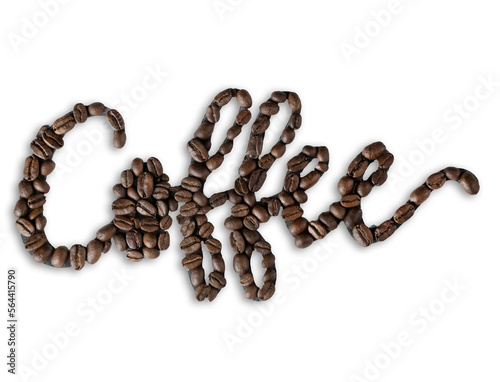Coffee word written with coffee beans on transparent 